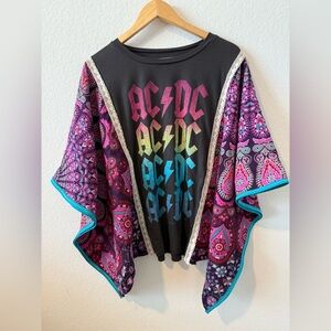 AC/DC Black Tee with Multicolor Logo and Purple Boho Kimono Sleeves
